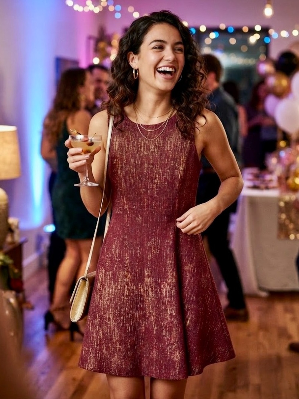 Wine and gold dress
